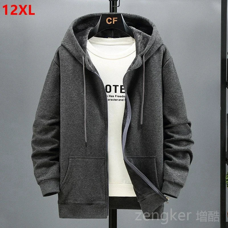 Big size Fleece hooded cardigan men's autumn winter trendy fashion jacket plus size hoodie 12XL 10XL large size men clothing