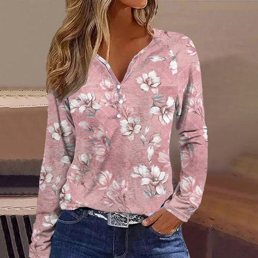 Vintage Printed Shirt V-neck Long Sleeve Top