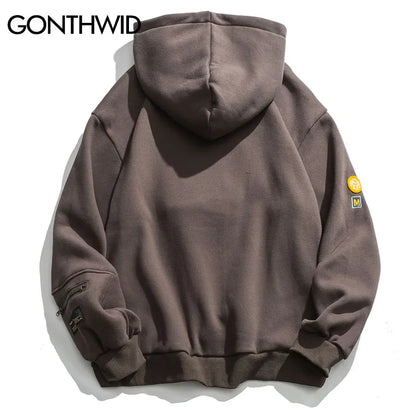 GONTHWID Zipper Pocket Smile Face Patchwork Fleece Hoodies Sweatshirts Streetwear Mens Hip Hop Casual Pullover Hooded Male Tops