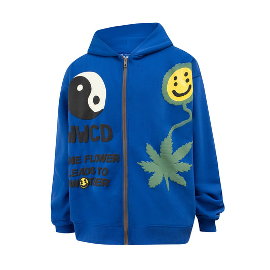 Kanye Foam Graffiti Print Smiling Face Zip Up Hoodie for Men Vintage Baggy High Street Sweatshirt with Zipper Hooded Pullover