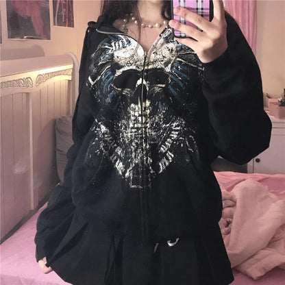 Gothic Sweatshirt Women 2000s Fairy Grunge Skull Print Long Sleeve Hooded Tops y2k Aesthetic Hoodie Oversize Clothes Streetwear