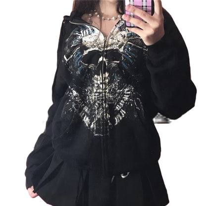 Gothic Sweatshirt Women 2000s Fairy Grunge Skull Print Long Sleeve Hooded Tops y2k Aesthetic Hoodie Oversize Clothes Streetwear