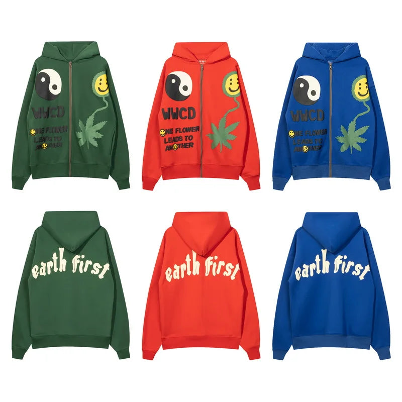 Kanye Foam Graffiti Print Smiling Face Zip Up Hoodie for Men Vintage Baggy High Street Sweatshirt with Zipper Hooded Pullover