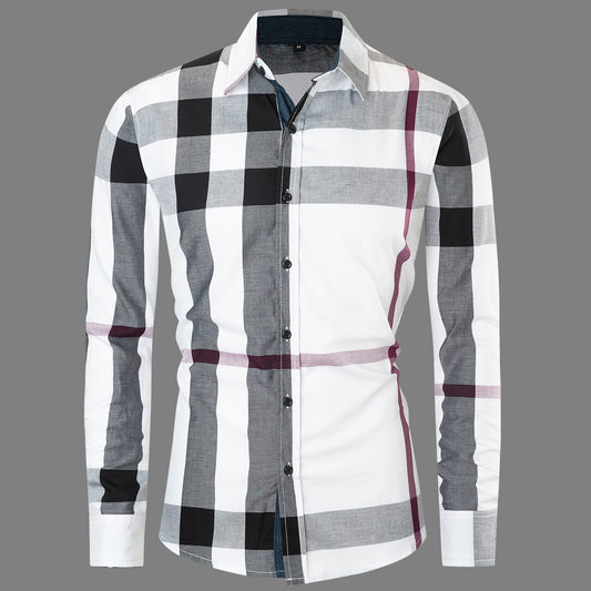 New Men's Cotton Long-sleeved Shirt Color Matching Plaid